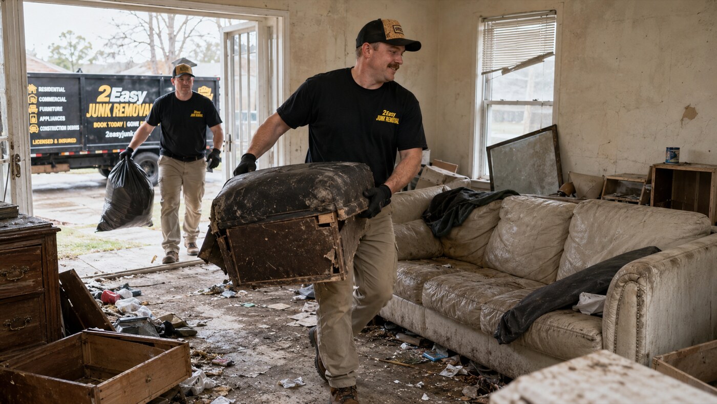 2 Easy Junk Removal crew carrying a wooden dresser out of a cluttered home